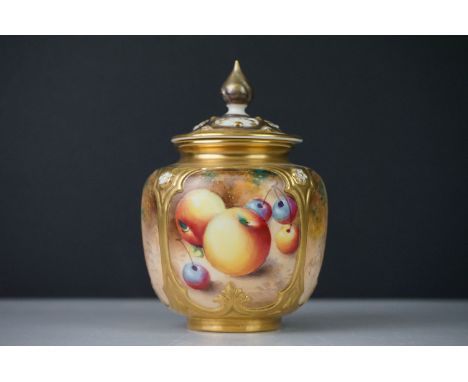 Late 20th century Royal Worcester lidded gilt vase fruit decorated panels signed Frank Roberts, 12cm tall 