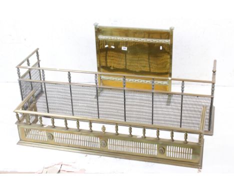 19th century Brass Fire Fender with wire work mesh panel, 134cm long x 39.5 cm high x 35cm deep together with another Brass F