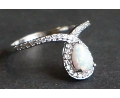 Silver, CZ &amp; opal crossover ring 