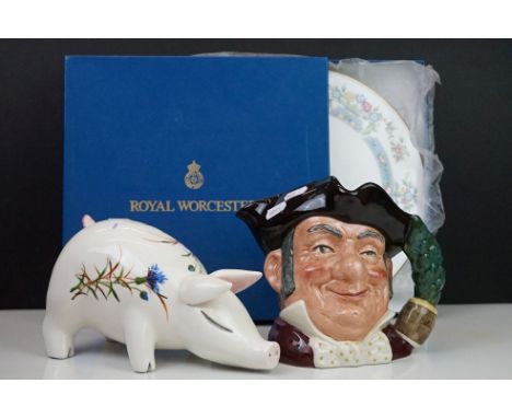 Plichta pottery Wemyss style pig ornament decorated in cornflowers (22cm long), together with a Royal Doulton ' Mine Host ' c