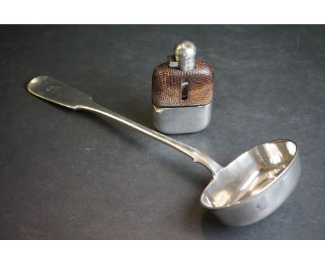 A large silver plated serving ladle together with a silver plated and leather hip flask. 