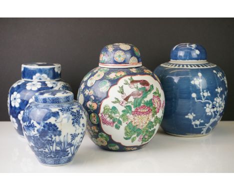 Four Porcelain Ginger Jars with Lids including Chinese Blue &amp; White Jar with Kangxi marks, 16cm high, Japanese Arita Blue