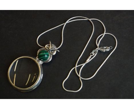 Silver magnifying glass owl shaped pendant necklace with malachite panel 