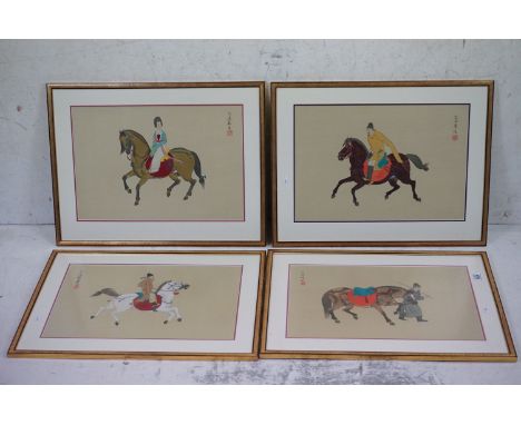 Set of Four Chinese Pictures depicting Figures with Horses, all with calligraphy and red seal mark, 33cm x 48cm, framed and g