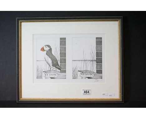 Simon Drew (b.1952) Print ' Puffin, Nuffin ' signed in pencil to the margin, 31cm x 21cm, framed and glazed 