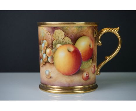 Royal Worcester contemporary tankard with fruit and berry decoration signed D S Hinnie printed mark to base. 12cm tall 