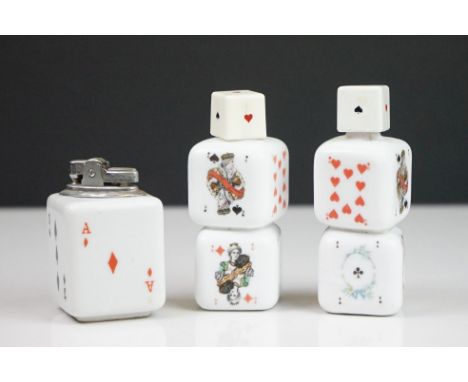 Pair of Mid century Opaque Glass Perfume Bottles in the form of Playing Cards / Dice (one full) 11cm high together with a mat