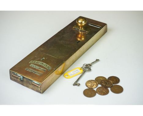 Early 20th century Brass Penny Slot Toilet Lock by Lockerbie &amp; Wilkinson Ltd, Tipton, with two keys and seven old pennies