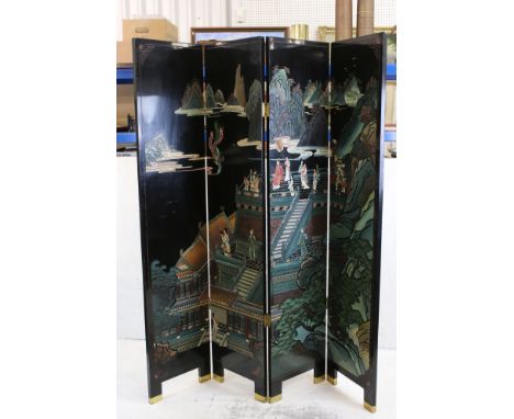 20th century Oriental Black Lacquered Four Panel Fold Dressing Screen / Room Divider decorated with a Court scene to one side