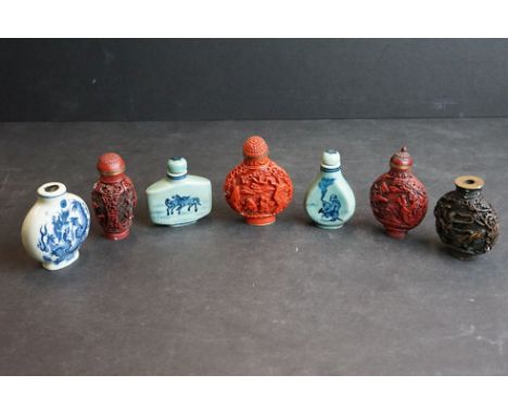 Collection of Chinese Snuff Bottles including four Cinnabar style and Three Ceramic, tallest 7cm 