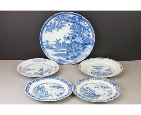 Four Antique Chinese Porcelain Blue and White Plates, largest 25cm diameter together with a Japanese Blue and White Plate 32c