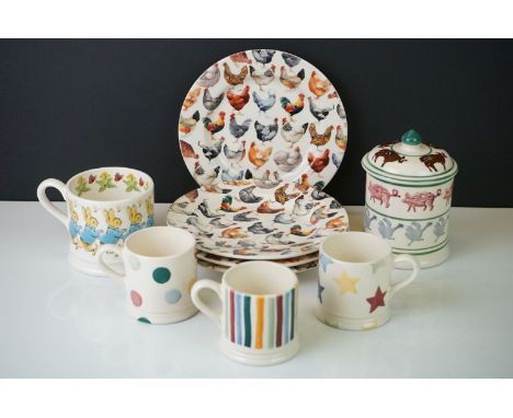 Quantity of Emma Bridgewater Ceramics to include a Spongeware Farmyard Animals lidded jar, Peter Rabbit Beatrix Potter mug, 4