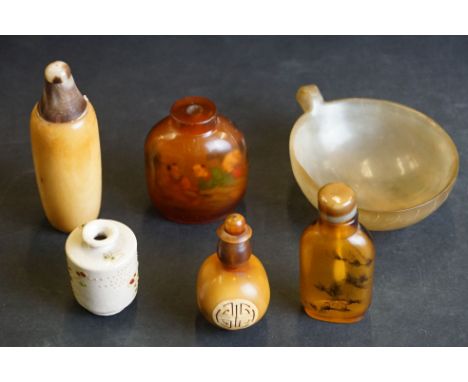 Collection of Chinese and Tibetan Snuff Bottles including Two Horn, Two Inside Painted Glass and one ceramic, tallest 10cm hi