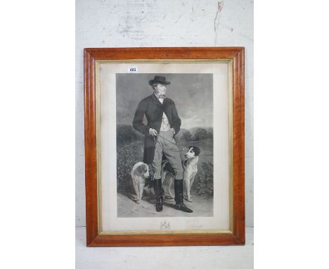 19th century, a fine mezzotint portrait of a gentleman holding a riding crop &amp; foxhounds, maple framed with B R F Print G