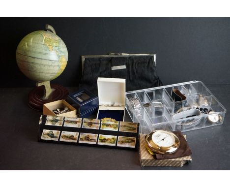 A small box of mixed collectables to include ladies and gents watches, travel clock, jewellery and a table top globe. 