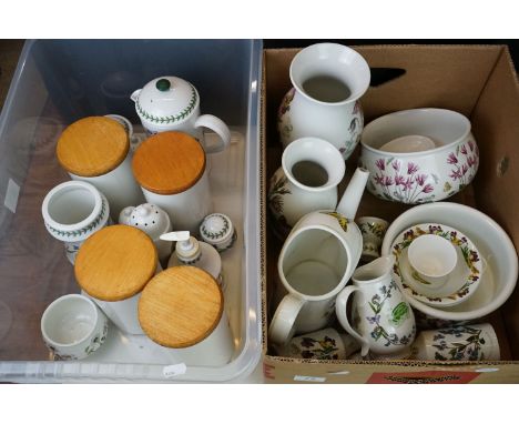 Portmeirion ' Botanic Garden ' ware including a watering can, 4 storage jars with wooden lids, 2 baluster vases, a round plan
