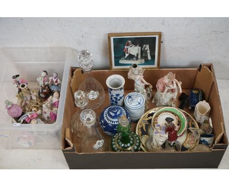 Collection of mixed ceramics and glass to include 4 glass decanters with stoppers (including a 19th century green ewer-shaped