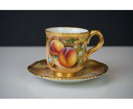 Royal Worcester contemporary cup and saucer with fruit decoration signed F Roberts. 