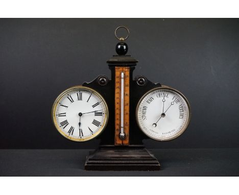 An ebonised and brass cased desktop clock, barometer and thermometer combination. 