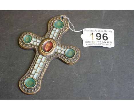 Bronze crucifix with red and enamel decoration, indistinctly signed to back 