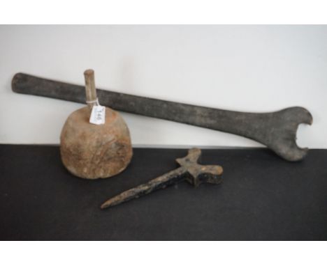 Wooden ' Spanner ' Shaped Object with a stitched black leather covering, approx. 72cm long &amp; a Wooden Food Pounder or Mas