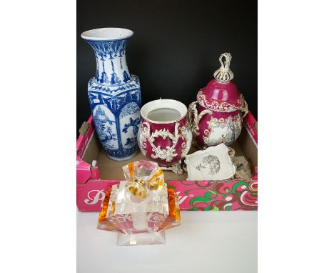 Pair of 19th century pink ceramic urns with Rococo-style scrolling decoration on stands (one missing lid, stands a/f), togeth