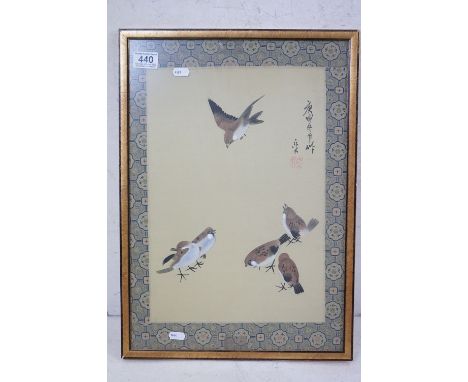 Chinese Watercolour on Fabric of Birds with calligraphy and red seal mark, 40cm x 28cm, framed and glazed 