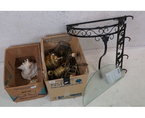 A group of mixed collectables to include Brassware, sea shells and a wrought iron coat hanger.