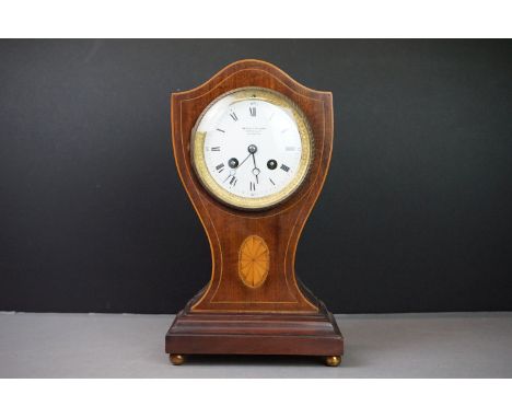 Edwardian Mahogany and Satinwood Inlaid Eight Day Mantle Clock of waisted form, the white enamel dial with Roman numerals and