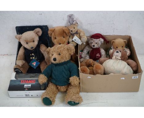 A collection of collectable teddy bears to include Harrods and Steiff examples, together with a boxed model of The Titanic 