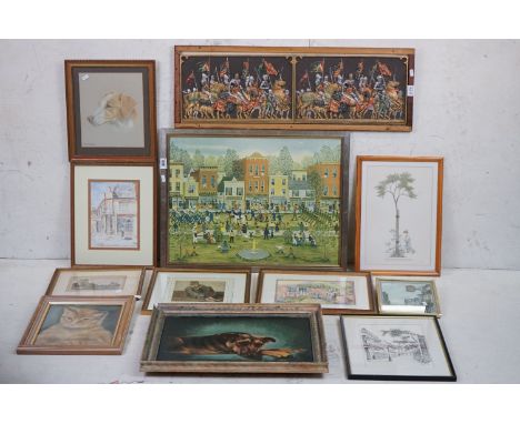 Collection of Twelve Pictures including Oil of Dog, Watercolour of Dog signed M Richardson, Pastel of Cat, Clock Picture, Thr