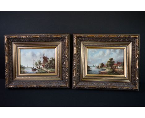 M Schreuder (Dutch 20th century) Pair of Oils on Panel of Dutch River Landscapes, signed lower right, 12cm x 17cm, gilt frame
