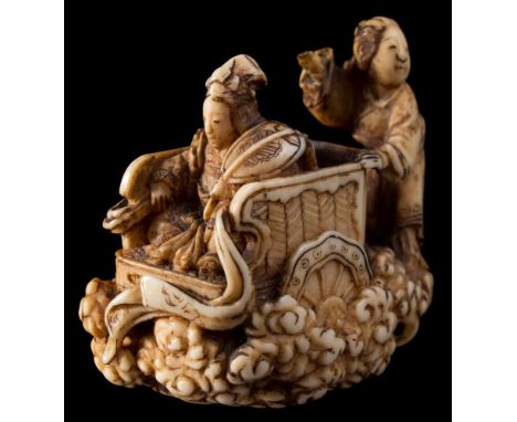 A Japanese carved ivory netsuke, signed Chikuyosai Tomochika: depicting a heavenly maiden in a carriage flying over the Milky
