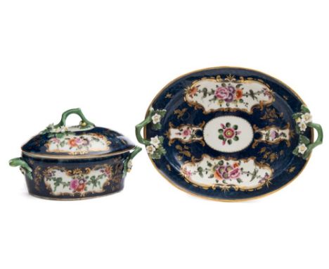 A First Period Worcester oval butter dish, cover and stand: with applied stalk and floret handles, painted with gilt edged fl