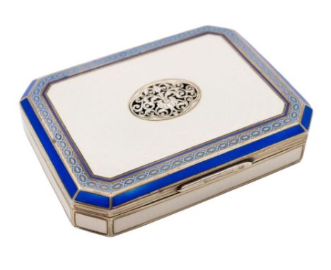 A late 19th/early 20th century French silver and enamel box: of rectangular outline with canted corners, the central pierced 
