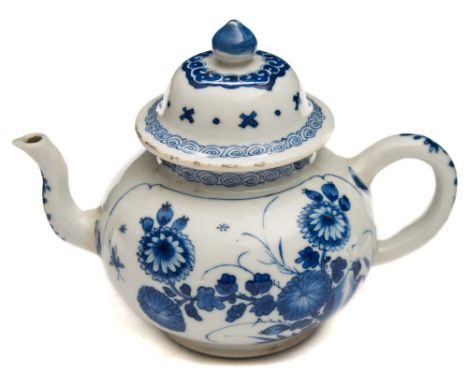 A Chinese porcelain wine pot and domed cover: of squat globular form painted in blue with a panel of chrysanthemum and verso 