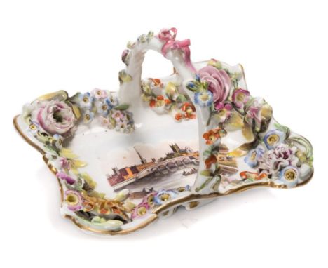 An English porcelain basket, probably Chamberlain (Worcester): of shaped rectangular form,  the centre decorated with a view 