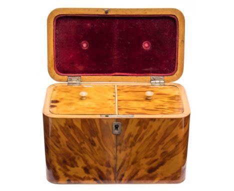 A 19th century blonde tortoiseshell tea caddy: of rectangular outline, the shallow domed hinged lid enclosing two lidded comp