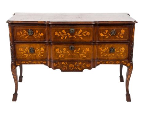 An early 19th Century Dutch mahogany and floral marquetry block front commode:, bordered with sycamore lines, the top with a 