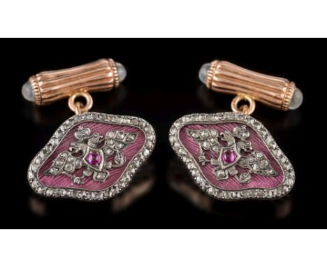 A pair of Imperial Russian-style enamel, diamond and gem-set cuff-links: each with a rounded lozenge-shaped panel decorated w