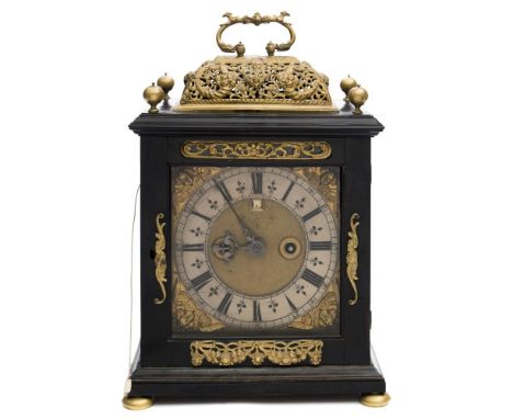 John Wise, Londini fecit, an ebony basket-top bracket clock: the eight-day duration, five-pillar movement with restored verge