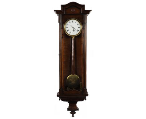 A small Vienna type regulator wall clock: the eight-day duration, weight-driven movement with maintaining power, a dead-beat 