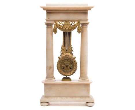 A French alabaster portico mantel clock: the eight-day duration movement within the pendulum bob, the pallet crutch set on a 