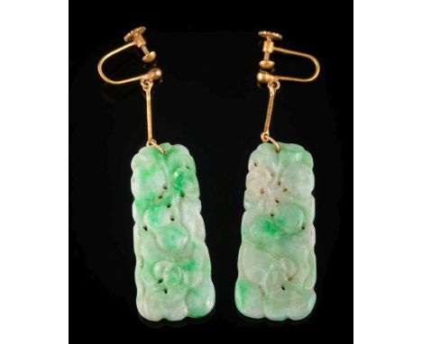 A pair of carved and pierced green jade panel pendant earrings: each jade panel 40mm long x 17mm wide, suspended by wire from