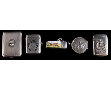An Edward VII silver and enamel vesta case, maker WHS, Birmingham, 1901: decorated with a racehorse scene, together with four