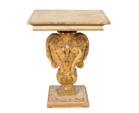 An Italian carved giltwood and decorated console table:, in the 18th Century taste, with a rectangular faux marble top, on ur