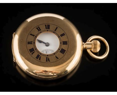 A gentleman's 18ct gold keyless lever half-hunter pocket watch: the circular white enamel dial 42mm diameter with Roman numer
