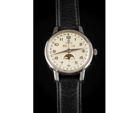 Omega. A gentleman's stainless steel calendar moonphase wristwatch: the satin finish dial 32mm diameter with baton markers, c