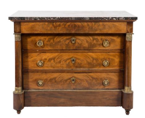 An early 19th Century French Empire mahogany rectangular commode:, with a grey and pink mottled marble top, fitted with an ov