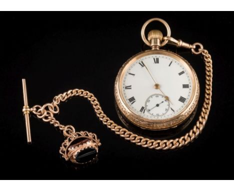 A gentleman's 9ct gold keyless lever open faced pocket watch: the circular white enamel dial 41mm diameter with Roman numeral